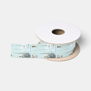 Coastal aqua blue beach wood starfish seashell satin ribbon