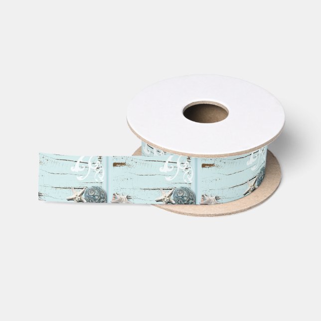 Coastal aqua blue beach wood starfish seashell satin ribbon (Spool)