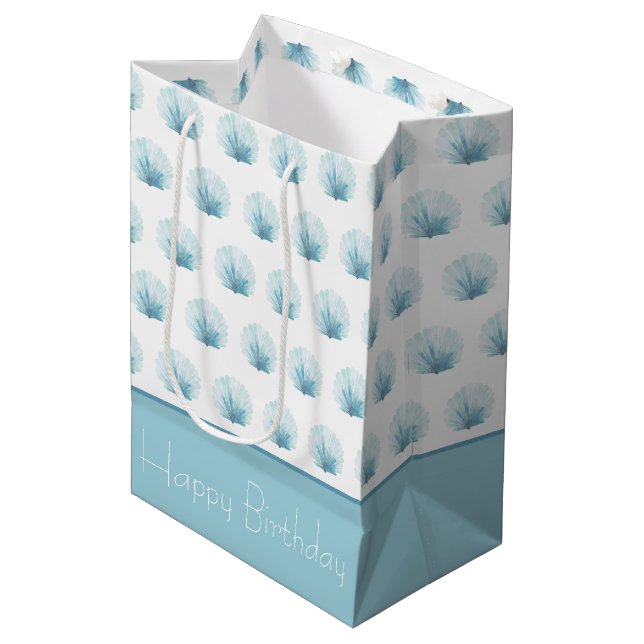 Coastal Aqua Scallop Seashell Personalized Medium Gift Bag (Front Angled)
