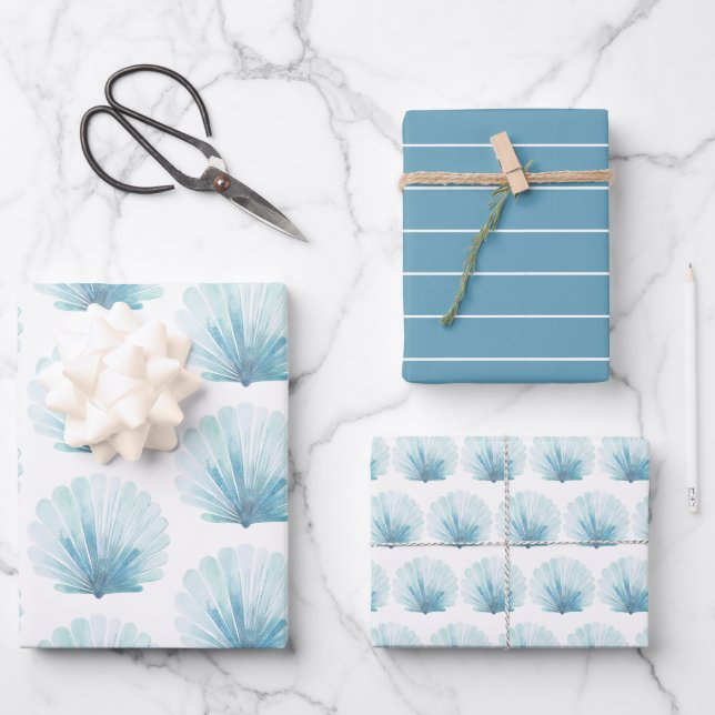 Coastal Aqua Scallop Seashell Personalized Wrapping Paper Sheet (Front)