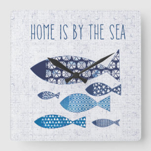 Coastal Art Home is By the Sea Square Wall Clock