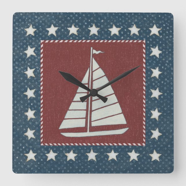 Coastal Art | Sailboat on Red Square Wall Clock (Front)