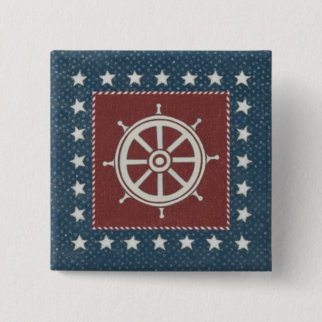 Coastal Art | Ship wheel on Red 2 Inch Square Button (Front)