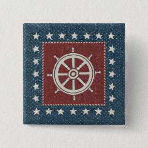 Coastal Art Ship wheel on Red 2 Inch Square Button