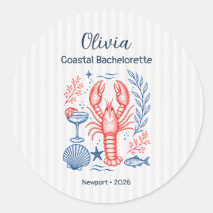 Coastal Bachelorette Blue Coral Lobster Classic Round Sticker