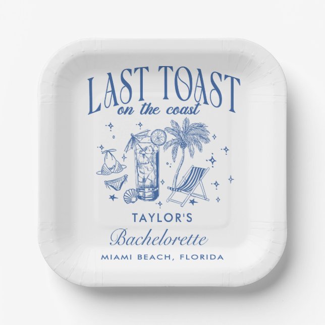 Coastal Bachelorette Modern Cocktail Party Blue Paper Plate (Front)