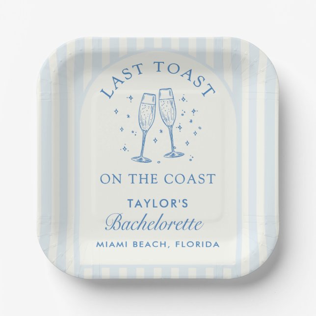 Coastal Bachelorette Modern Cocktail Party Blue Paper Plate (Front)