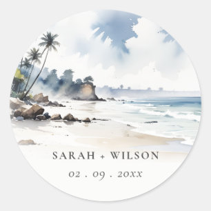 Coastal Bali Beach Palm Tree Watercolor Wedding Classic Round Sticker