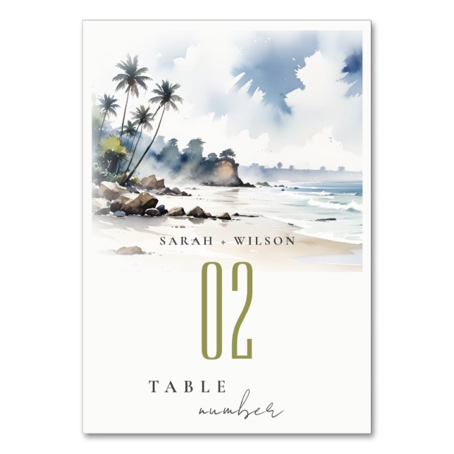 Coastal Bali Beach Palm Tree Watercolor Wedding Table Number (Front)