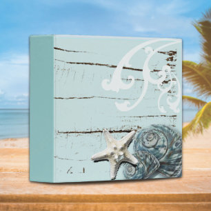 Coastal barn wood aqua blue starfish seashells binder