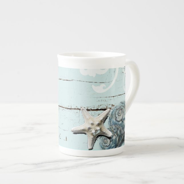 Coastal barn wood aqua blue starfish seashells bone china mug (Front Right)