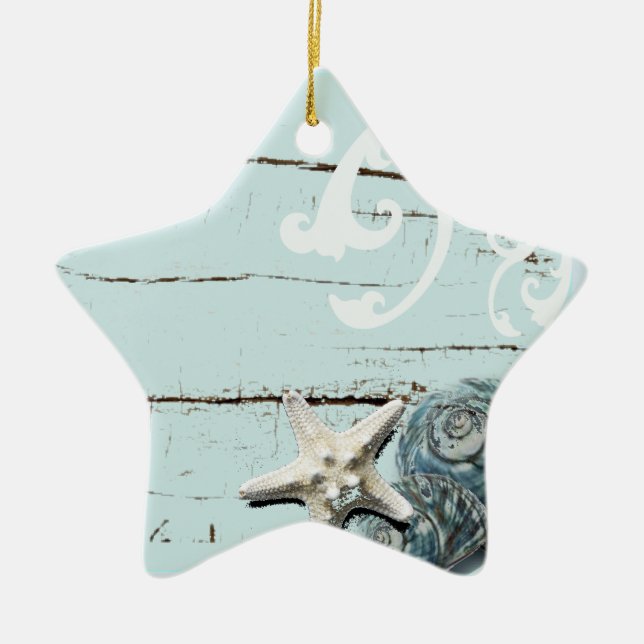 Coastal barn wood aqua blue starfish seashells ceramic ornament (Front)