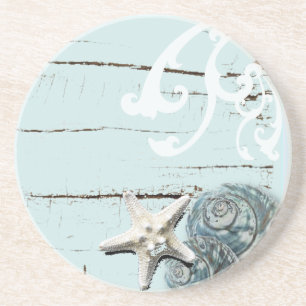 Coastal barn wood aqua blue starfish seashells coaster