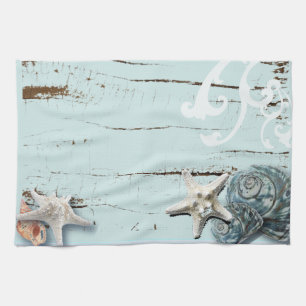 Coastal barn wood aqua blue starfish seashells kitchen towel