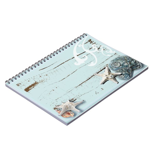 Coastal barn wood aqua blue starfish seashells notebook (Left Side)