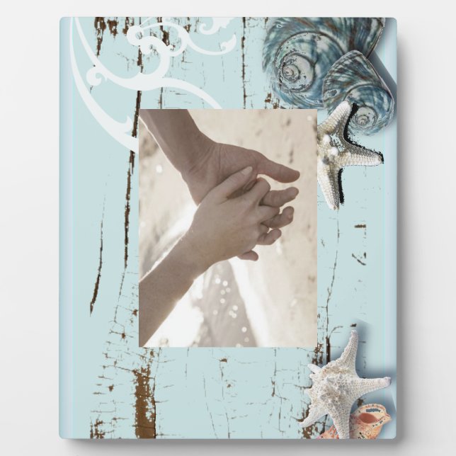 Coastal barn wood aqua blue starfish seashells plaque (Front)