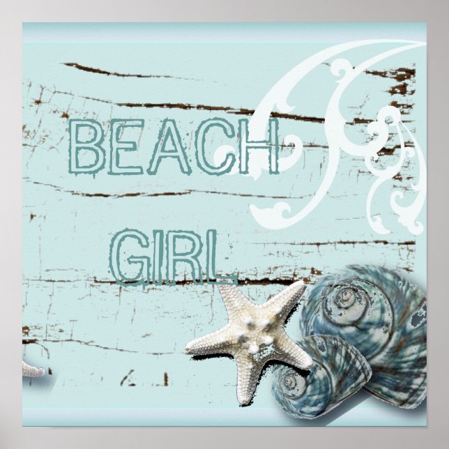 Coastal barn wood aqua blue starfish seashells poster (Front)