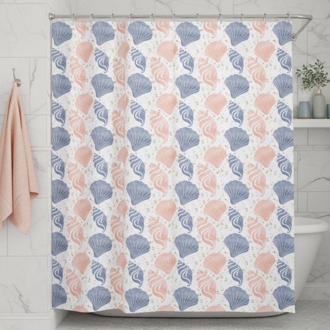 Coastal Beach (pastel pink blue coastal seashell pattern shower curtain)