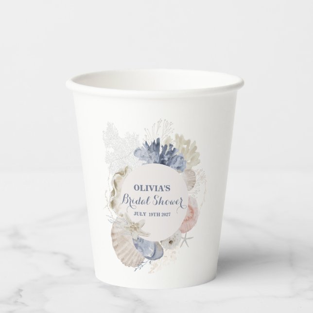 Coastal Beach blue seashell bridal shower Paper Cups (Front)