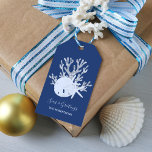 Coastal Beach Christmas Navy Blue Gift Tags<br><div class="desc">These personalized gift tags feature a white sand dollar and 2 white starfish on glitter coral,  with a navy blue background,  and beachy holiday message “seas & greetings.” *If you would like this design on more products or need design help,  please contact me through Zazzle Chat.</div>