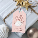 Coastal Beach Christmas Rose Gold Pink Gift Tags<br><div class="desc">These personalized gift tags feature a white sand dollar and 2 white starfish on rose gold glitter coral,  with a pink background,  and beachy holiday message “seas & greetings.” *If you would like this design on more products or need design help,  please contact me through Zazzle Chat.</div>