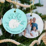 Coastal Beach Christmas Starfish Family Photo Ceramic Ornament<br><div class="desc">This personalized aqua blue coastal beach themed ornament, features a glitter coral piece with sand dollar and starfish, with family name and year on the front, and a photo on the back. *If you would like this design on more products or need design help, please contact me through Zazzle Chat....</div>