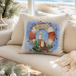 Coastal Beach Christmas Wreath Throw Pillow