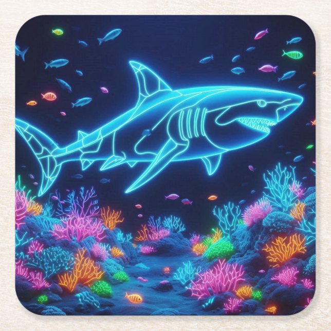 Coastal/Beach colourful neon shark Square Paper Coaster (Front)