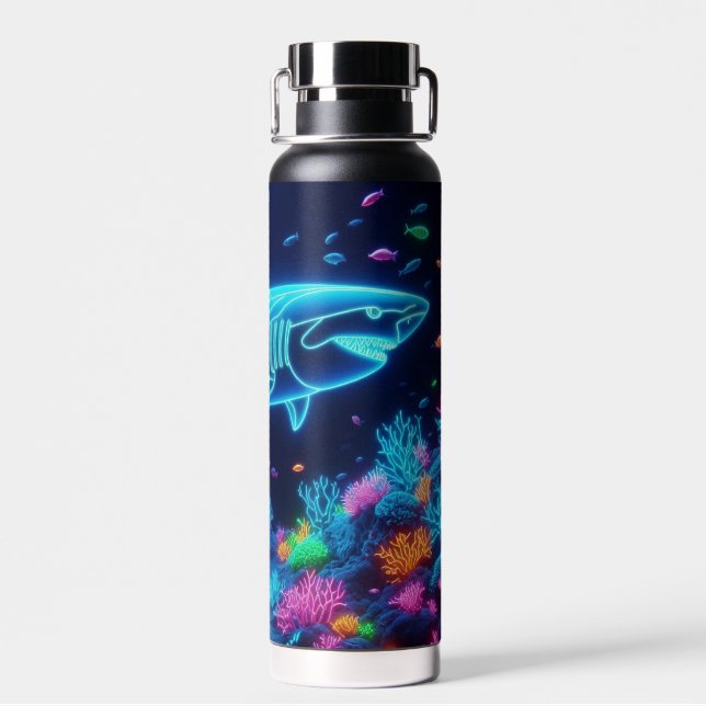 Coastal/Beach colourful neon shark Water Bottle (Back)