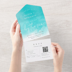 Coastal Beach Destination QR Code RSVP Wedding  All In One Invitation
