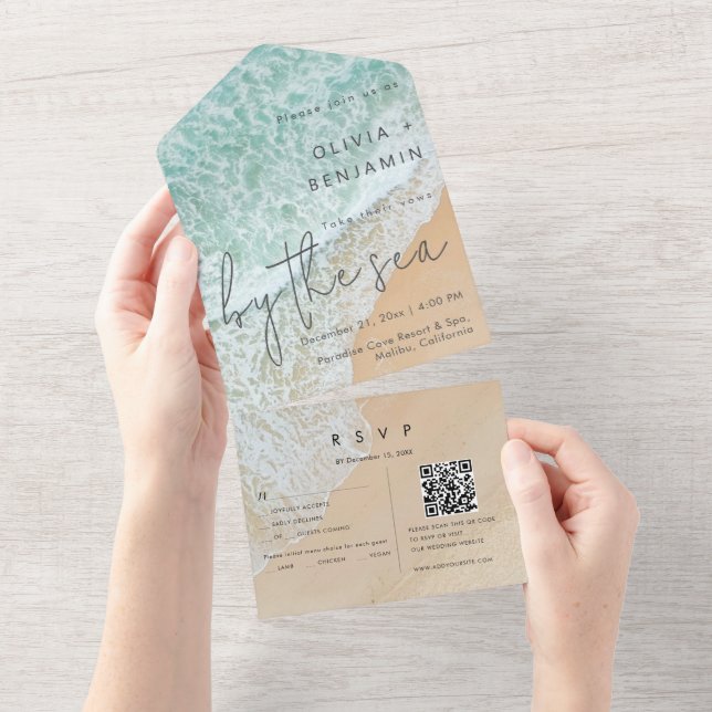 Coastal Beach Destination QR Code RSVP Wedding  All In One Invitation (Tearaway)