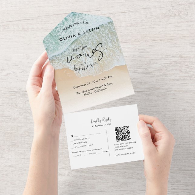 Coastal Beach Destination QR Code RSVP Wedding  All In One Invitation (Tearaway)