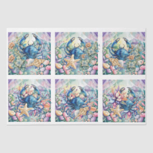 Coastal Beach Floral Blue Crab & Shells Decoupage Tissue Paper