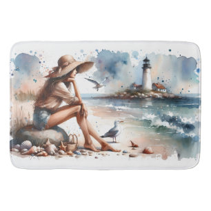 Coastal Beach Girl & Lighthouse  Bath Mat