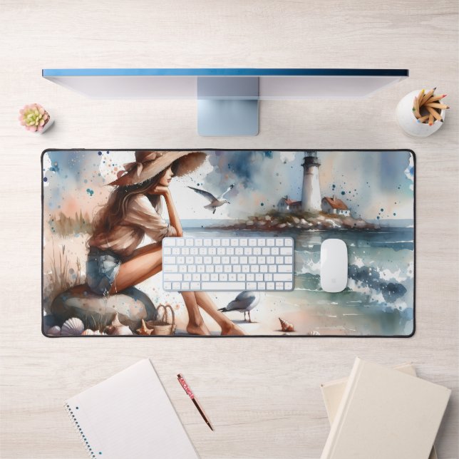 Coastal Beach Girl & Lighthouse  Desk Mat (Office 1)