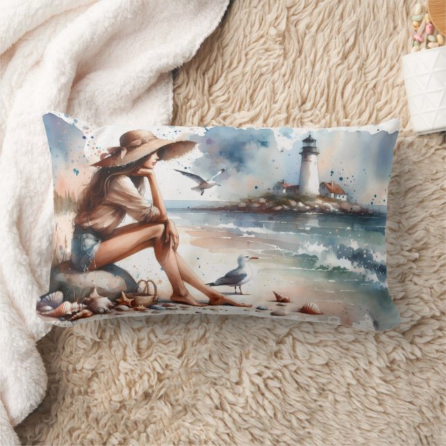 Coastal Beach Girl & Lighthouse  Lumbar Pillow (Blanket)