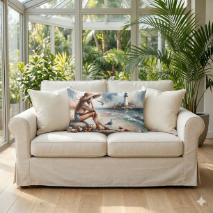 Coastal Beach Girl & Lighthouse  Lumbar Pillow