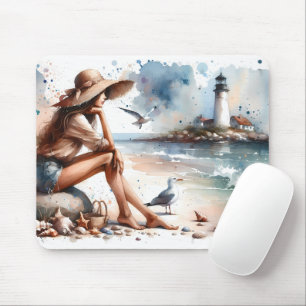 Coastal Beach Girl & Lighthouse  Mouse Pad