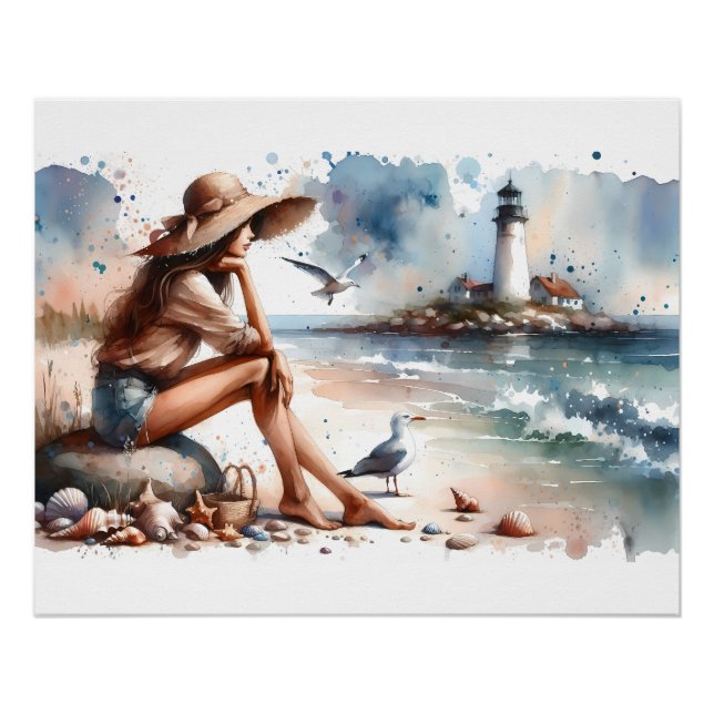 Coastal Beach Girl & Lighthouse  Poster (Front)