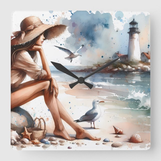 Coastal Beach Girl & Lighthouse  Square Wall Clock (Front)