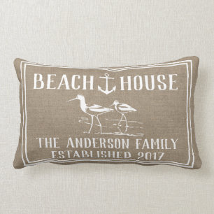 Coastal Beach House Anchor & Sandpiper Faux Burlap Lumbar Pillow