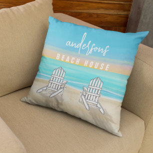 Coastal Beach House Watercolor Custom Throw Pillow