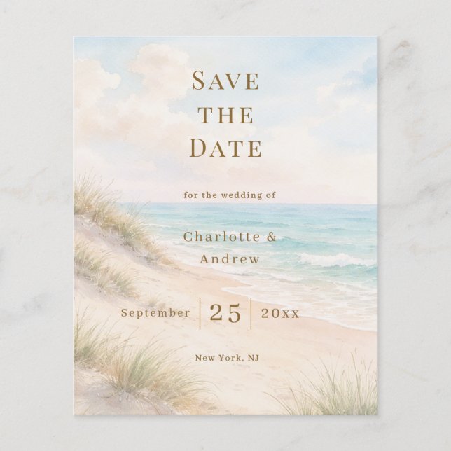 Coastal beach modern budget wedding Save the Date Flyer (Front)