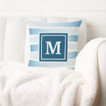 Coastal Beach Monogram Blue White Nautical Stripe Throw Pillow<br><div class="desc">Coastal style,  nautical theme throw pillow featuring a hand-painted,  weathered,  blue and white striped pattern with a navy blue and white monogram square in the centre.  Reverse side is a solid navy blue. Perfect for coastal Christmas themed holiday decor or to add beach-y style any time of year.</div>