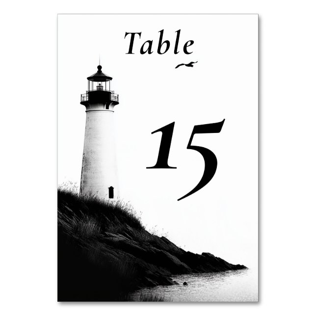 Coastal Beach Nautical Lighthouse Wedding Table Number (Front)