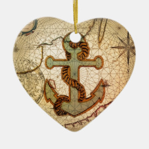 Coastal Beach Nautical Map vintage Anchor Ceramic Ornament