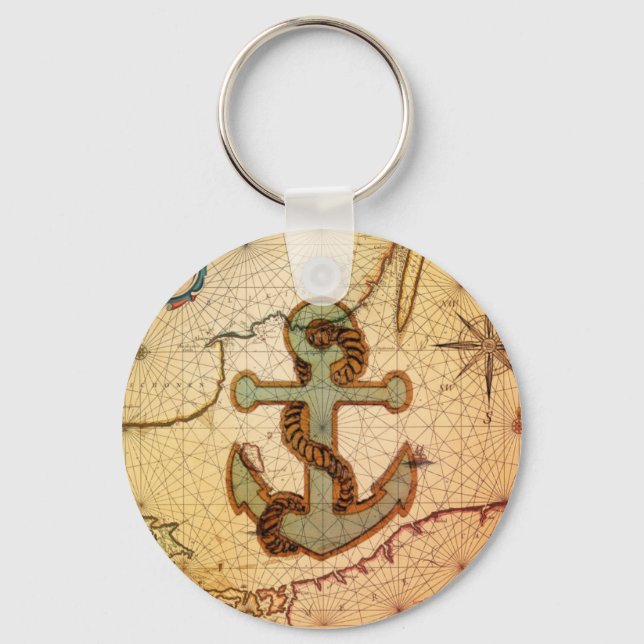 Coastal Beach Nautical Map vintage Anchor Keychain (Front)