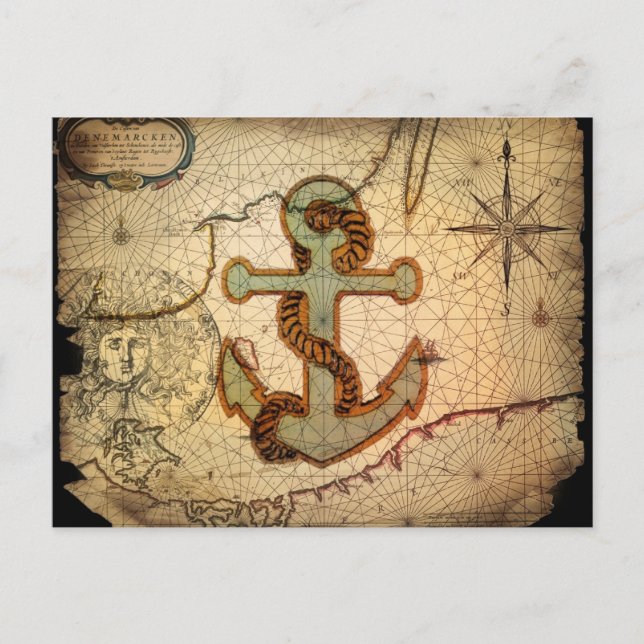Coastal Beach Nautical Map vintage Anchor Postcard (Front)