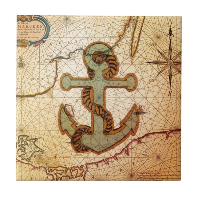 Coastal Beach Nautical Map vintage Anchor Tile (Front)