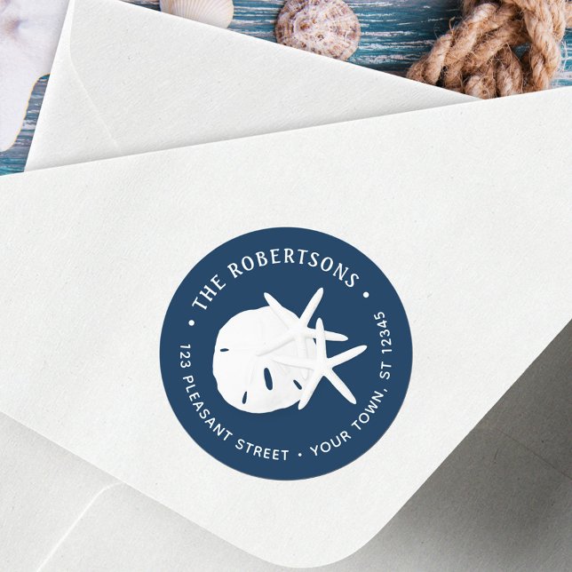 Coastal Beach Navy Blue Round Return Address Classic Round Sticker (Creator Uploaded)